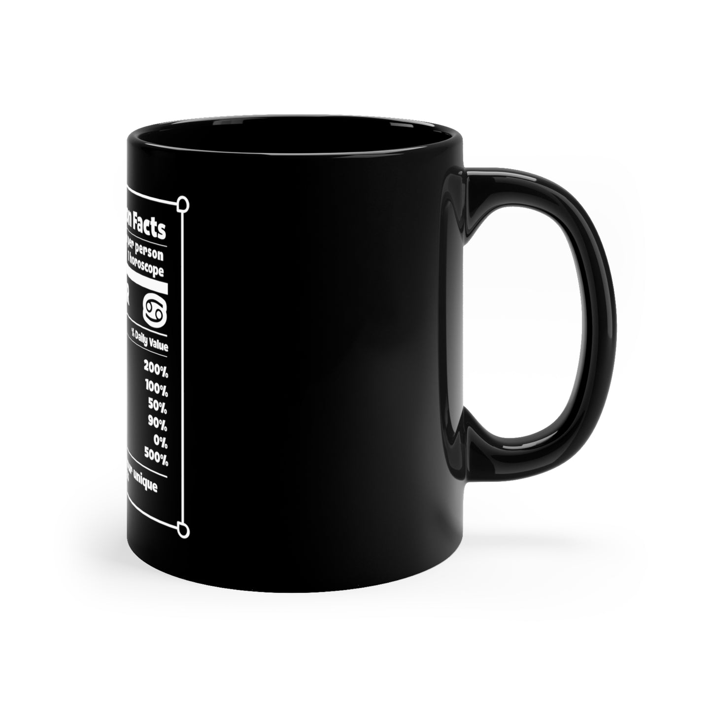 Información nutricional del zodiaco del cáncer - Taza negra de cerámica de 11 oz