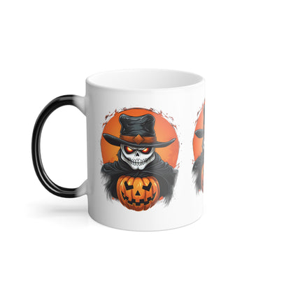 Halloween Skull with Cowboy Hat 3 Point Printed Color Morphing/ Changing Mug, 11oz