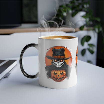 Halloween Skull with Cowboy Hat 3 Point Printed Color Morphing/ Changing Mug, 11oz