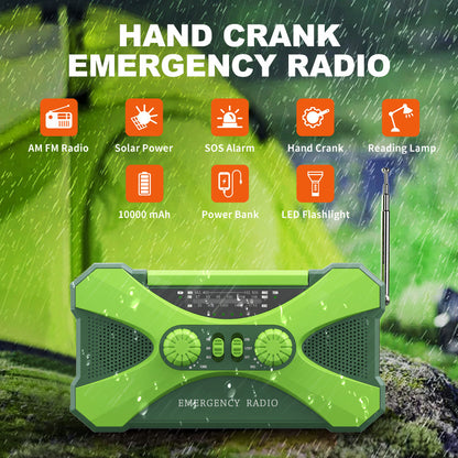 3 In 1 Portable Radio Hand Crank AM-FM-NOAA Emergency Reading Lamp Flashlight Solar Charging 10000mAh Power Bank Support SOS