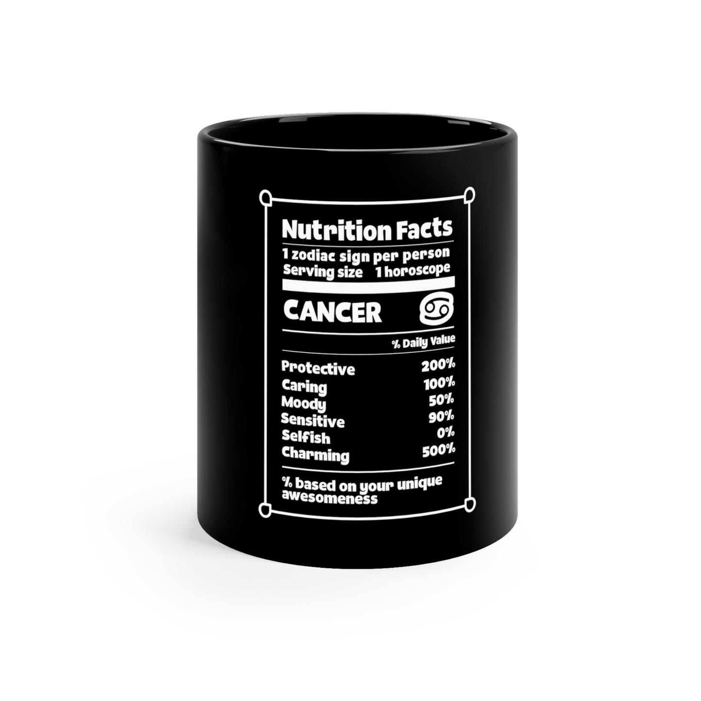 Información nutricional del zodiaco del cáncer - Taza negra de cerámica de 11 oz