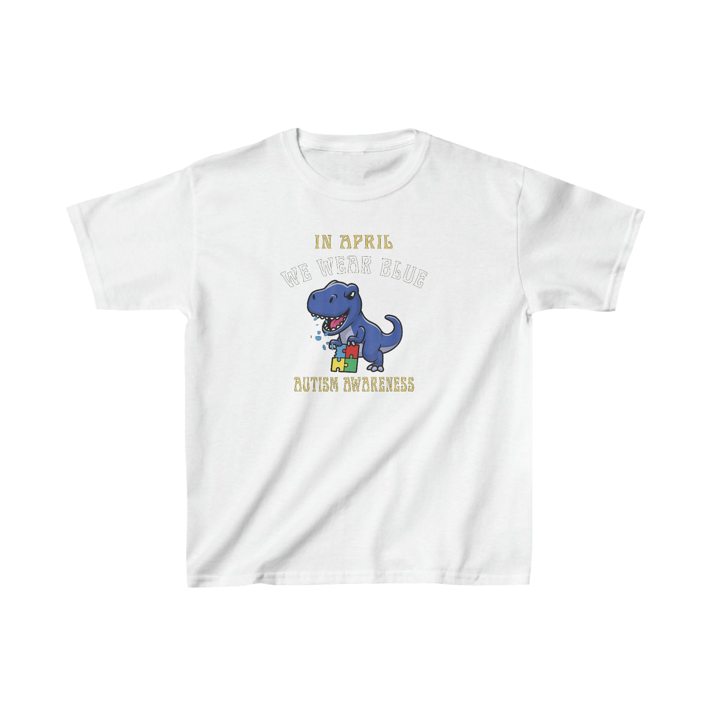 In April We Wear Blue Autism Awareness Month Dinosaur T-Rex T-Shirt-Kids Heavy Cotton™ Tee