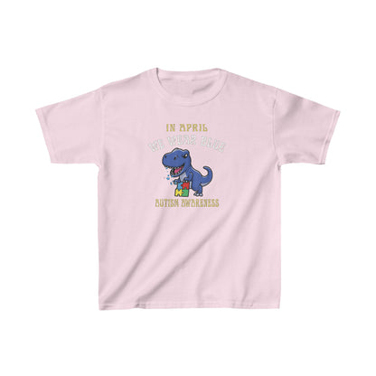 In April We Wear Blue Autism Awareness Month Dinosaur T-Rex T-Shirt-Kids Heavy Cotton™ Tee