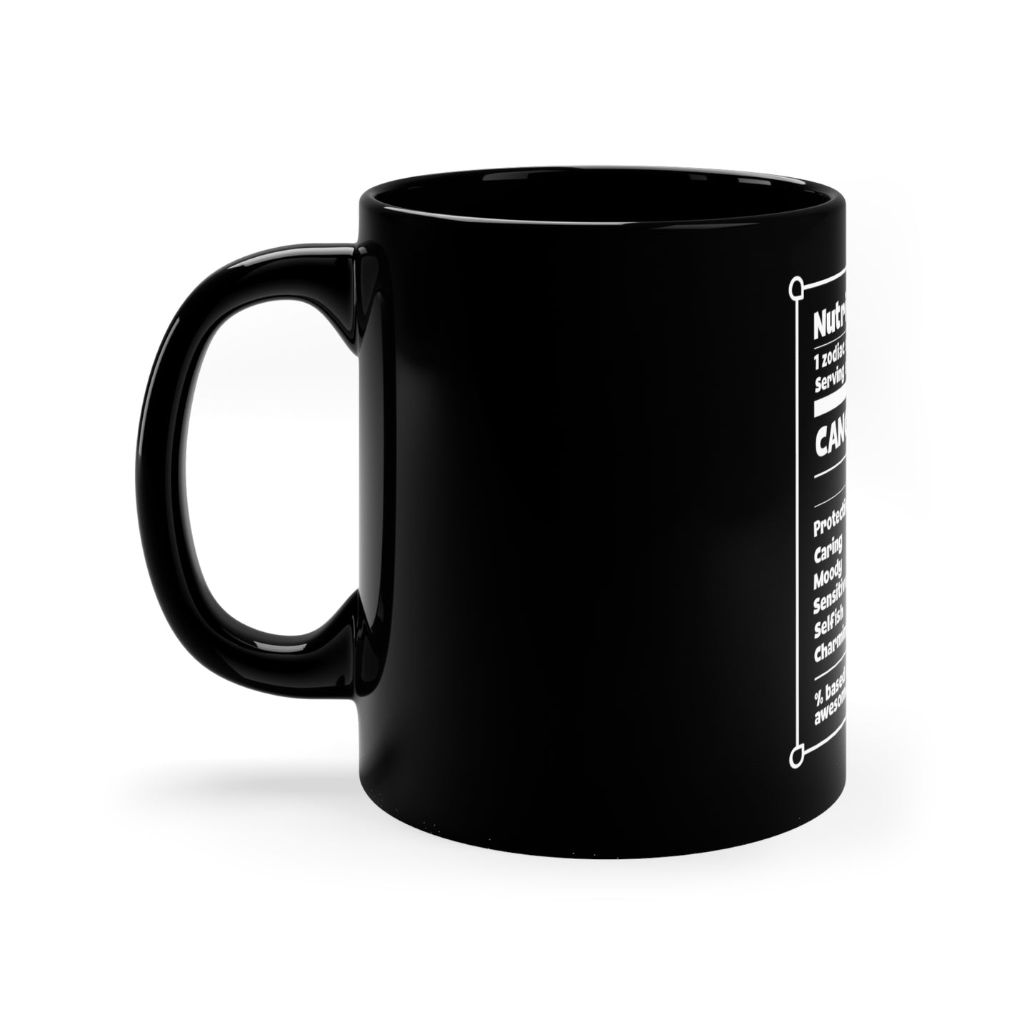 Información nutricional del zodiaco del cáncer - Taza negra de cerámica de 11 oz