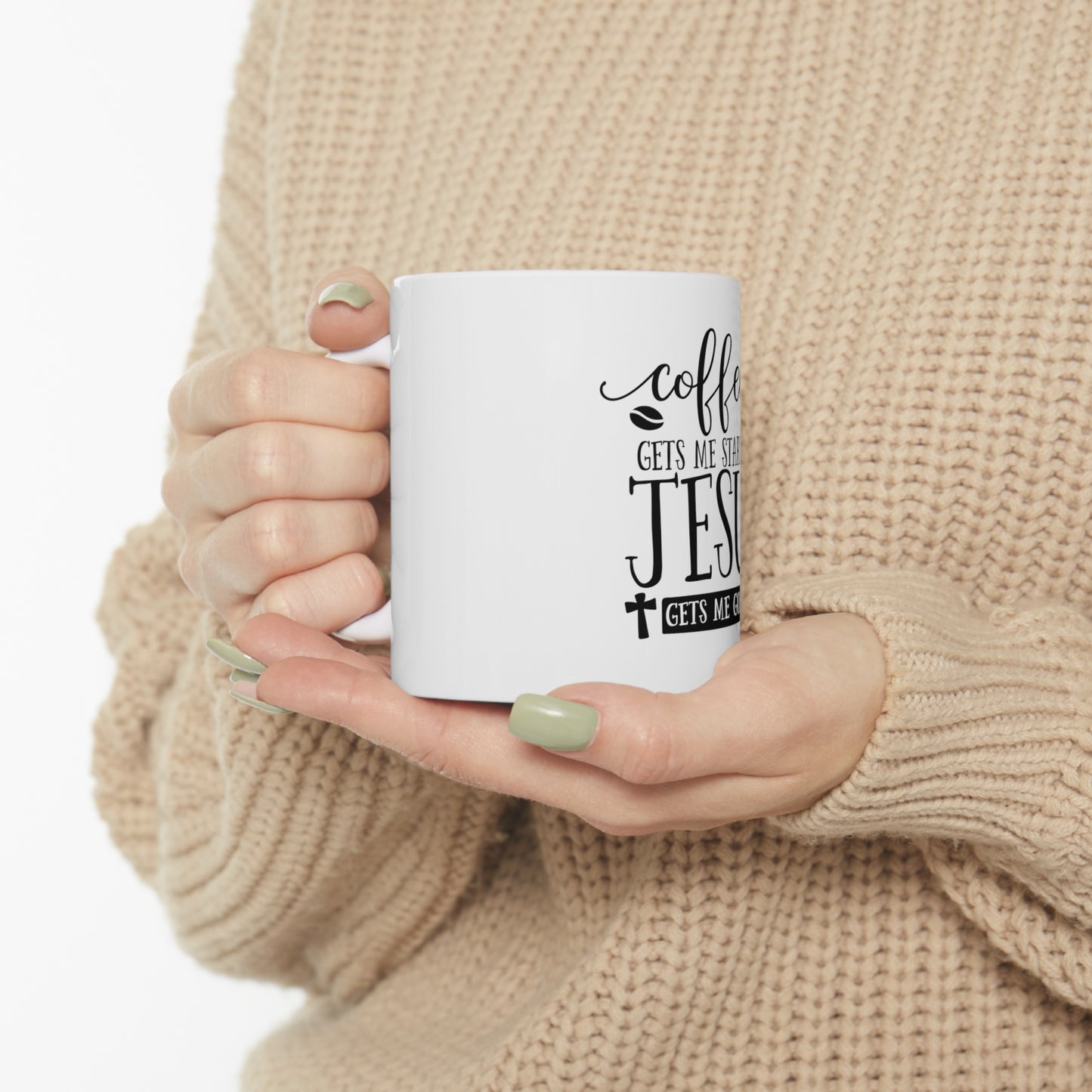 Coffee Gets Me Started, Jesus Gets Me Going Taza de cerámica 11 oz