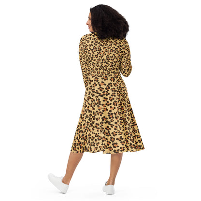 Leopard All-over print long sleeve midi dress