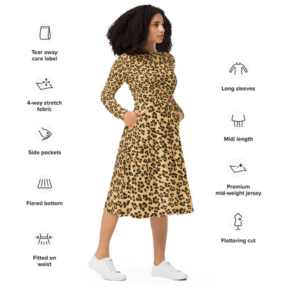 Leopard All-over print long sleeve midi dress