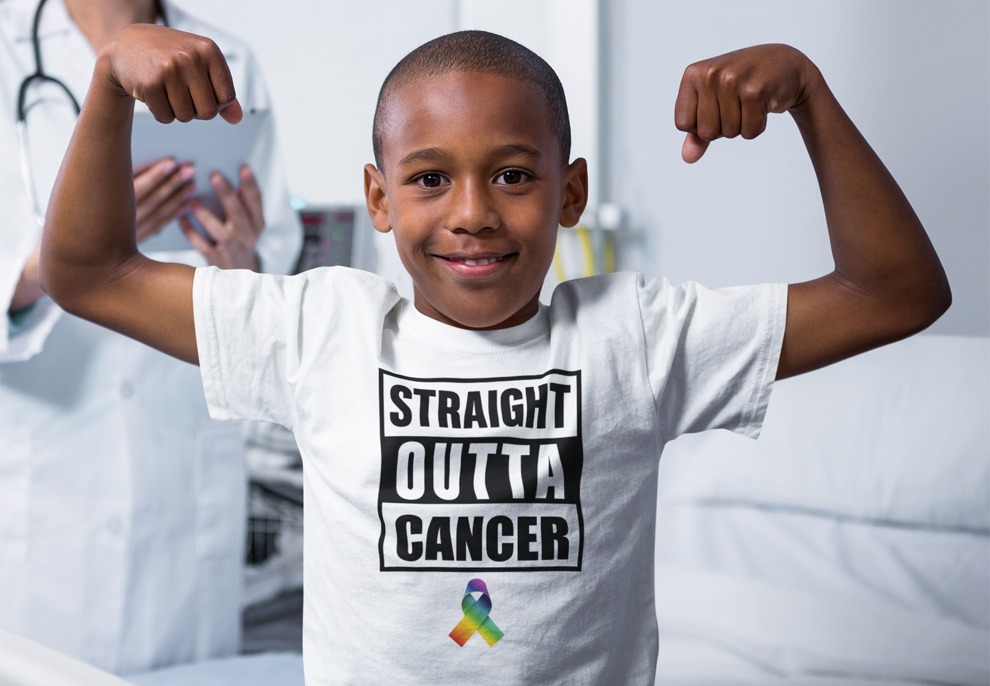 Stright Outta Cancer with Universal Cancer Ribbon - Boy or Girl Youth Heavy Cotton T-shirt