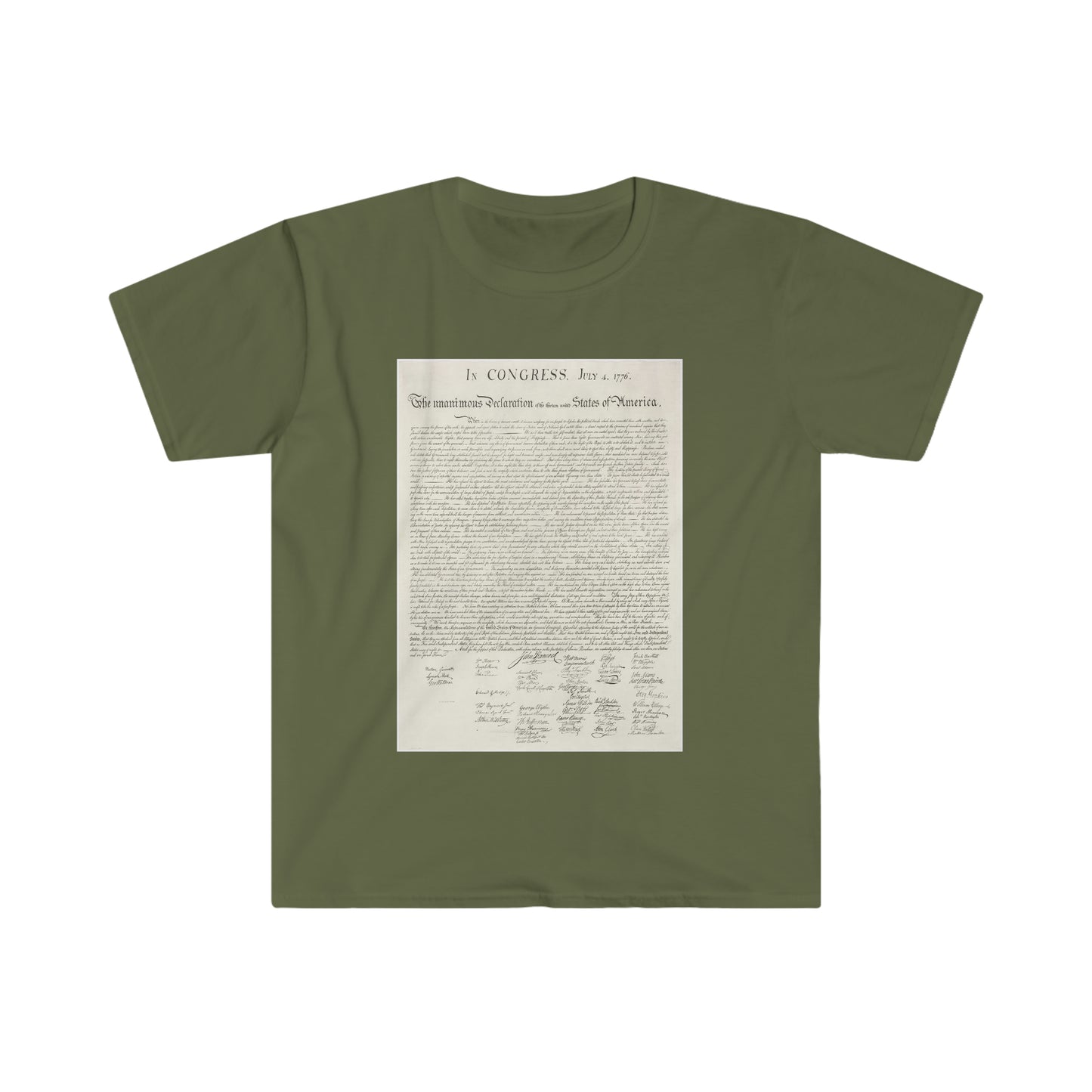 The Declaration Of Independence printed on an male adult Unisex Softstyle T-Shirt