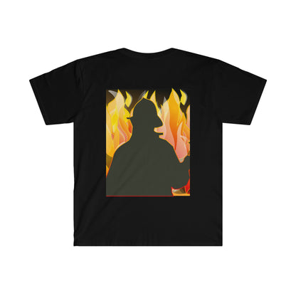 Silhouetted Fire Fighter w/ a fire background Male Adult Unisex Softstyle T-Shirt