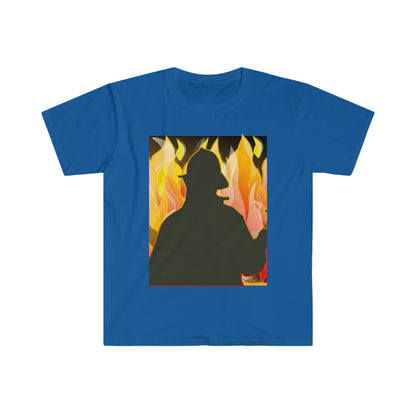 Silhouetted Fire Fighter w/ a fire background Male Adult Unisex Softstyle T-Shirt