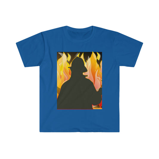 Silhouetted Fire Fighter w/ a fire background Male Adult Unisex Softstyle T-Shirt