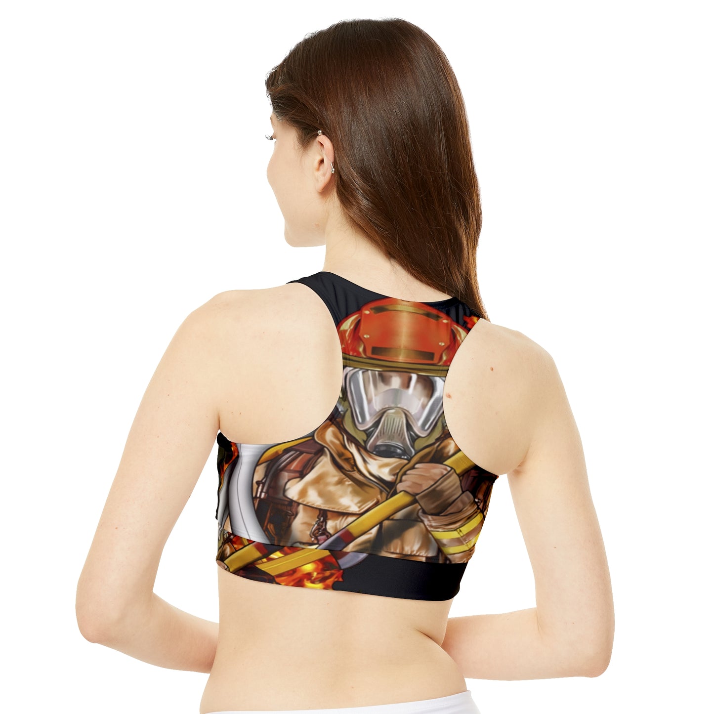 Silhoutted Fire Fighter- Print Womans High Neck Crop Bikini Top All Over Print