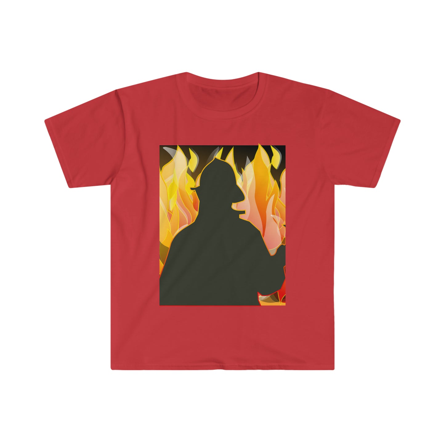 Silhouetted Fire Fighter w/ a fire background Male Adult Unisex Softstyle T-Shirt