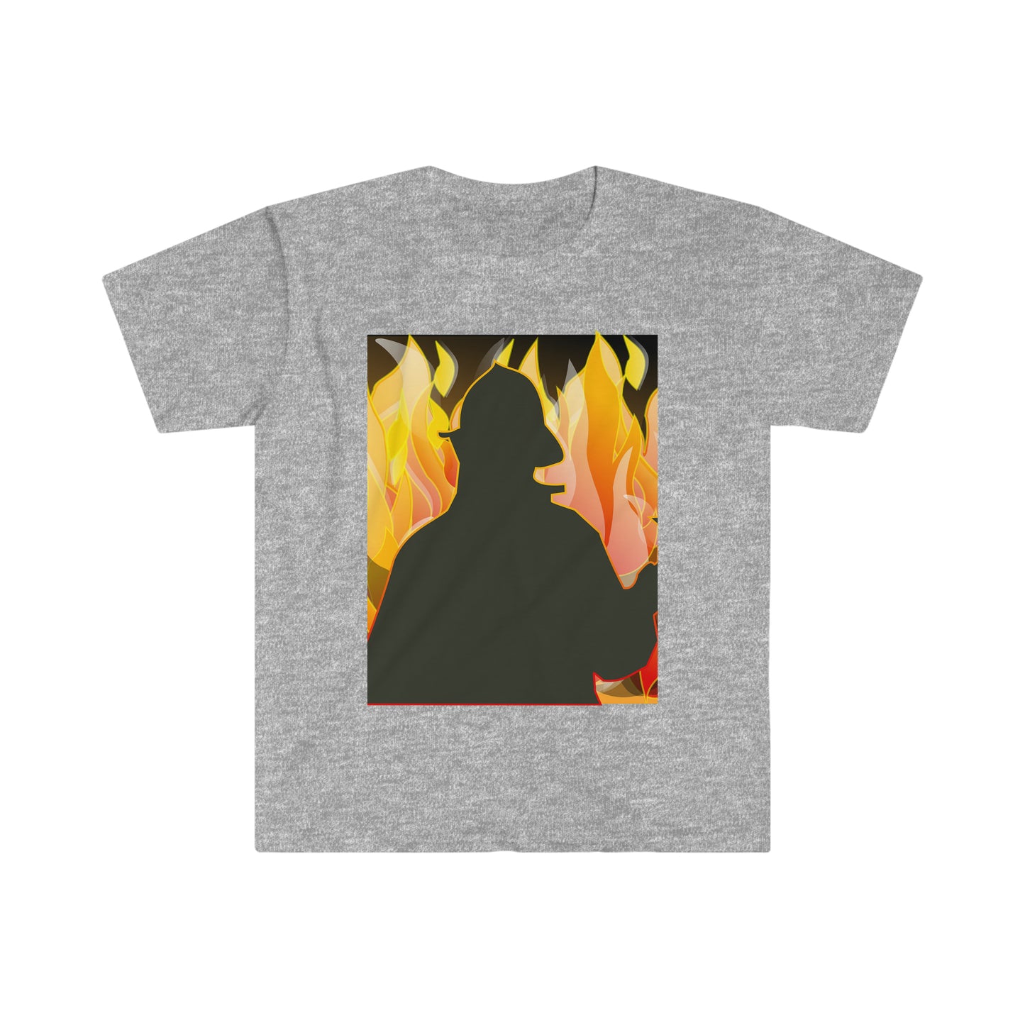 Silhouetted Fire Fighter w/ a fire background Male Adult Unisex Softstyle T-Shirt