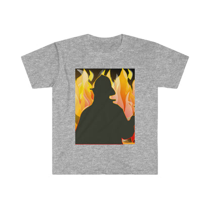 Silhouetted Fire Fighter w/ a fire background Male Adult Unisex Softstyle T-Shirt