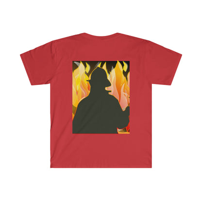 Silhouetted Fire Fighter w/ a fire background Male Adult Unisex Softstyle T-Shirt