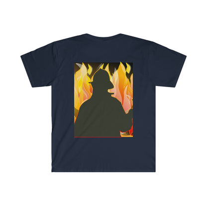 Silhouetted Fire Fighter w/ a fire background Male Adult Unisex Softstyle T-Shirt