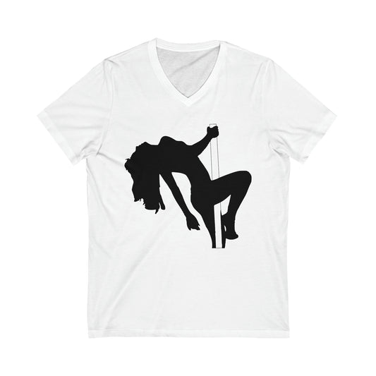 Silhouetted Pole Dancer Front And Back Print Unisex Jersey Short Sleeve V-Neck Tee