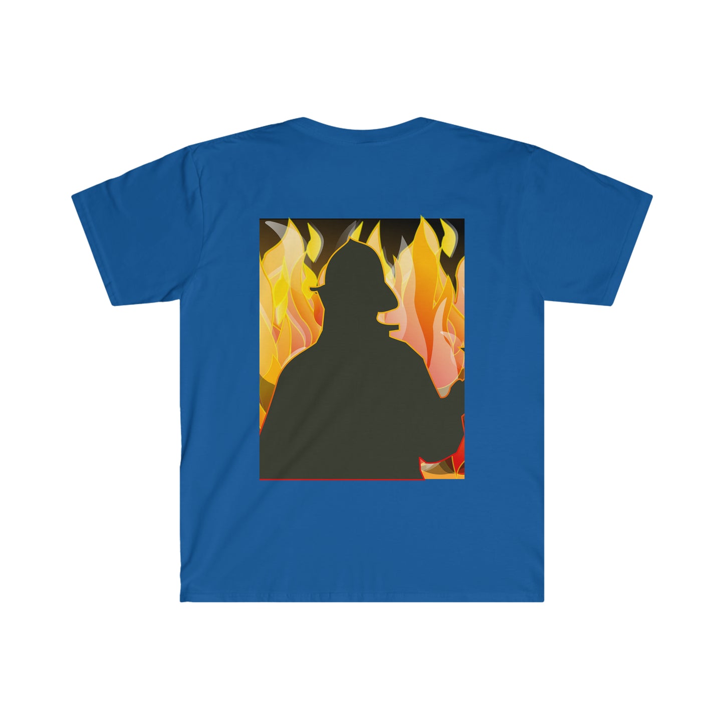 Silhouetted Fire Fighter w/ a fire background Male Adult Unisex Softstyle T-Shirt