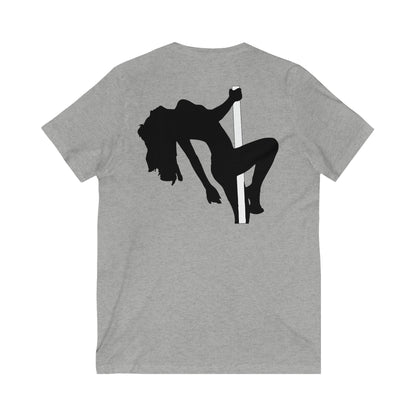 Silhouetted Pole Dancer Front And Back Print Unisex Jersey Short Sleeve V-Neck Tee