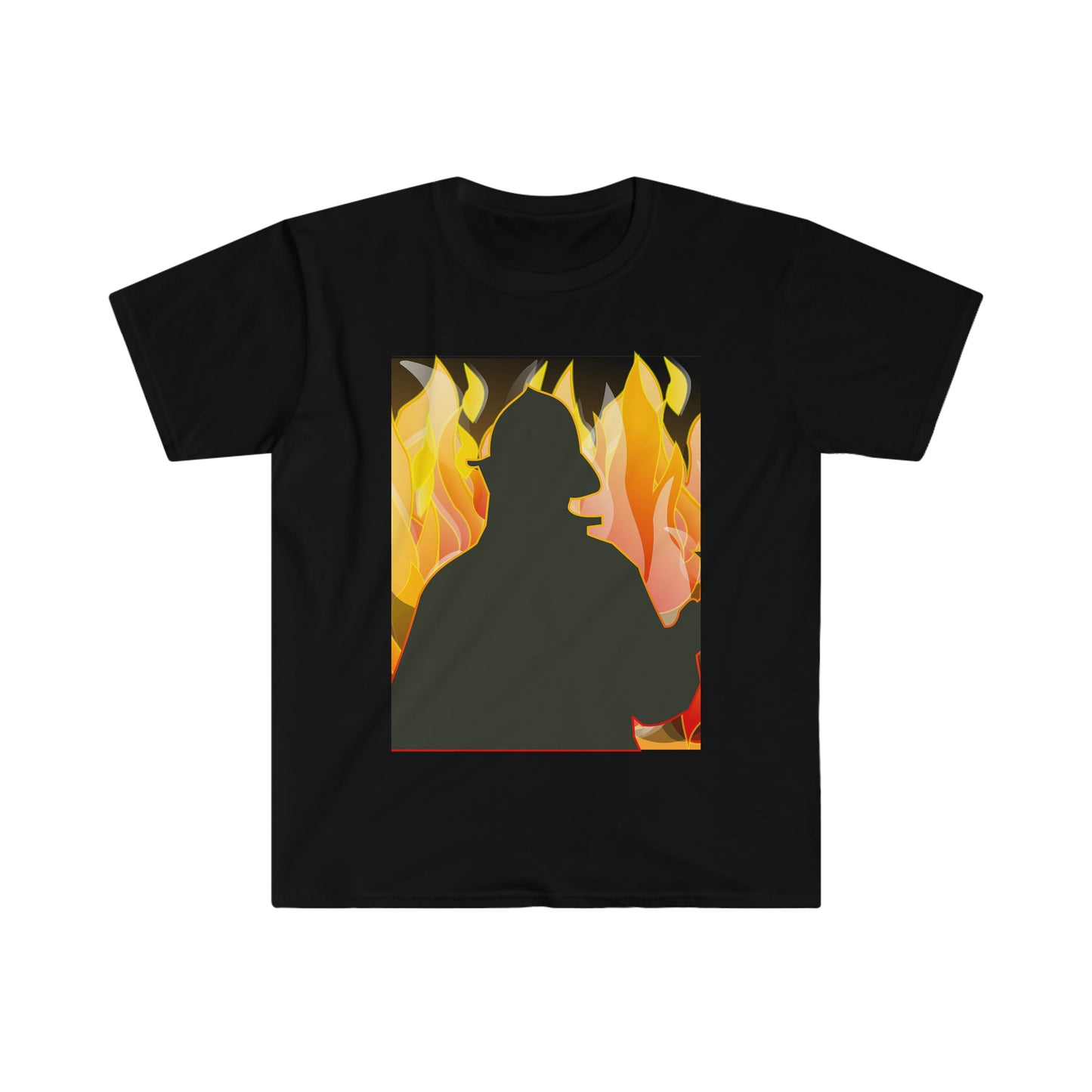 Silhouetted Fire Fighter w/ a fire background Male Adult Unisex Softstyle T-Shirt