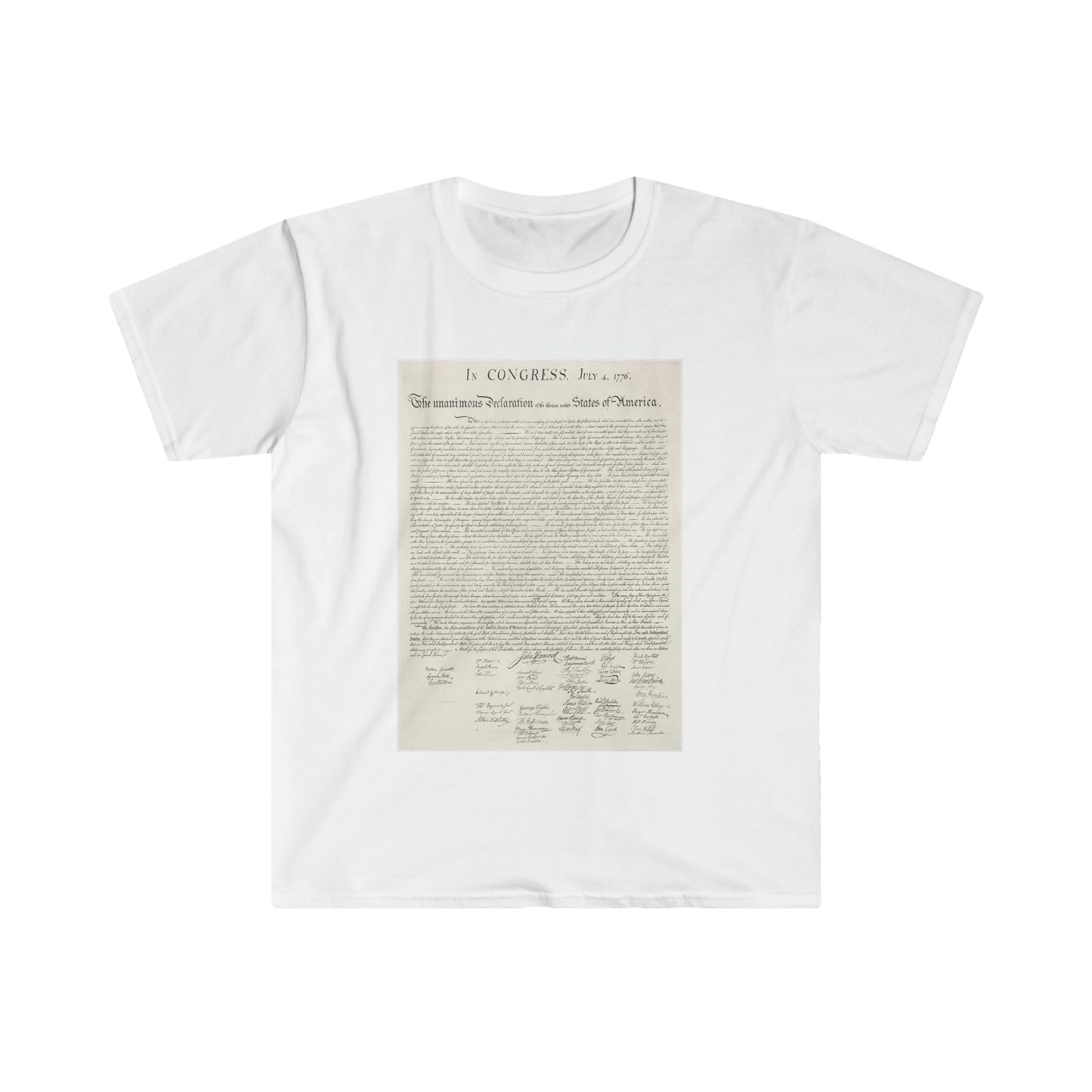 The Declaration Of Independence printed on an male adult Unisex Softstyle T-Shirt