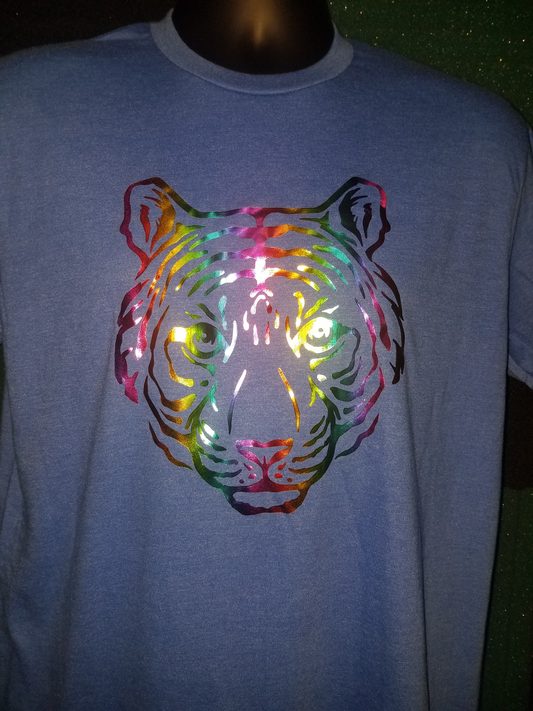 Tiger Image T-Shirt Printed With Reflective Rainbow. Unisex Short Sleeve Adult