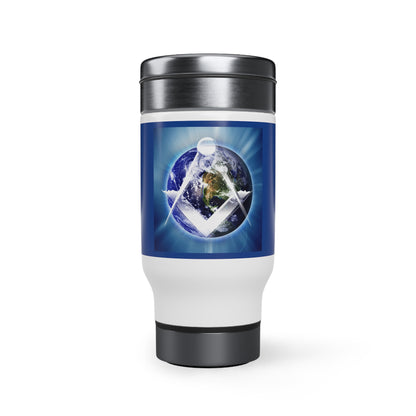 Emblema masónico que cubre el mundo Vaso de viaje de acero inoxidable con asa, 14 oz