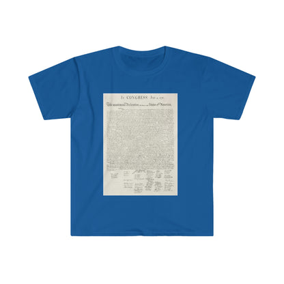 The Declaration Of Independence printed on an male adult Unisex Softstyle T-Shirt