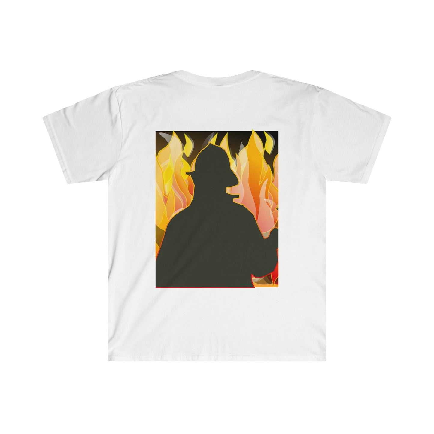 Silhouetted Fire Fighter w/ a fire background Male Adult Unisex Softstyle T-Shirt