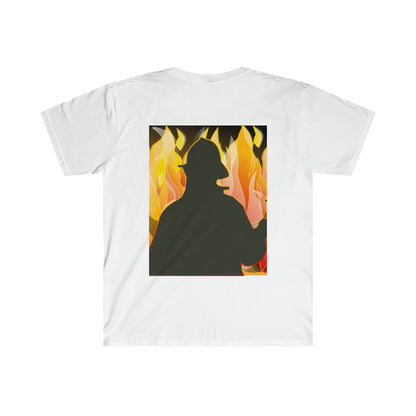 Silhouetted Fire Fighter w/ a fire background Male Adult Unisex Softstyle T-Shirt