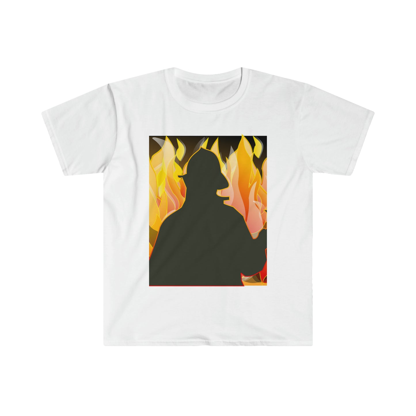 Silhouetted Fire Fighter w/ a fire background Male Adult Unisex Softstyle T-Shirt