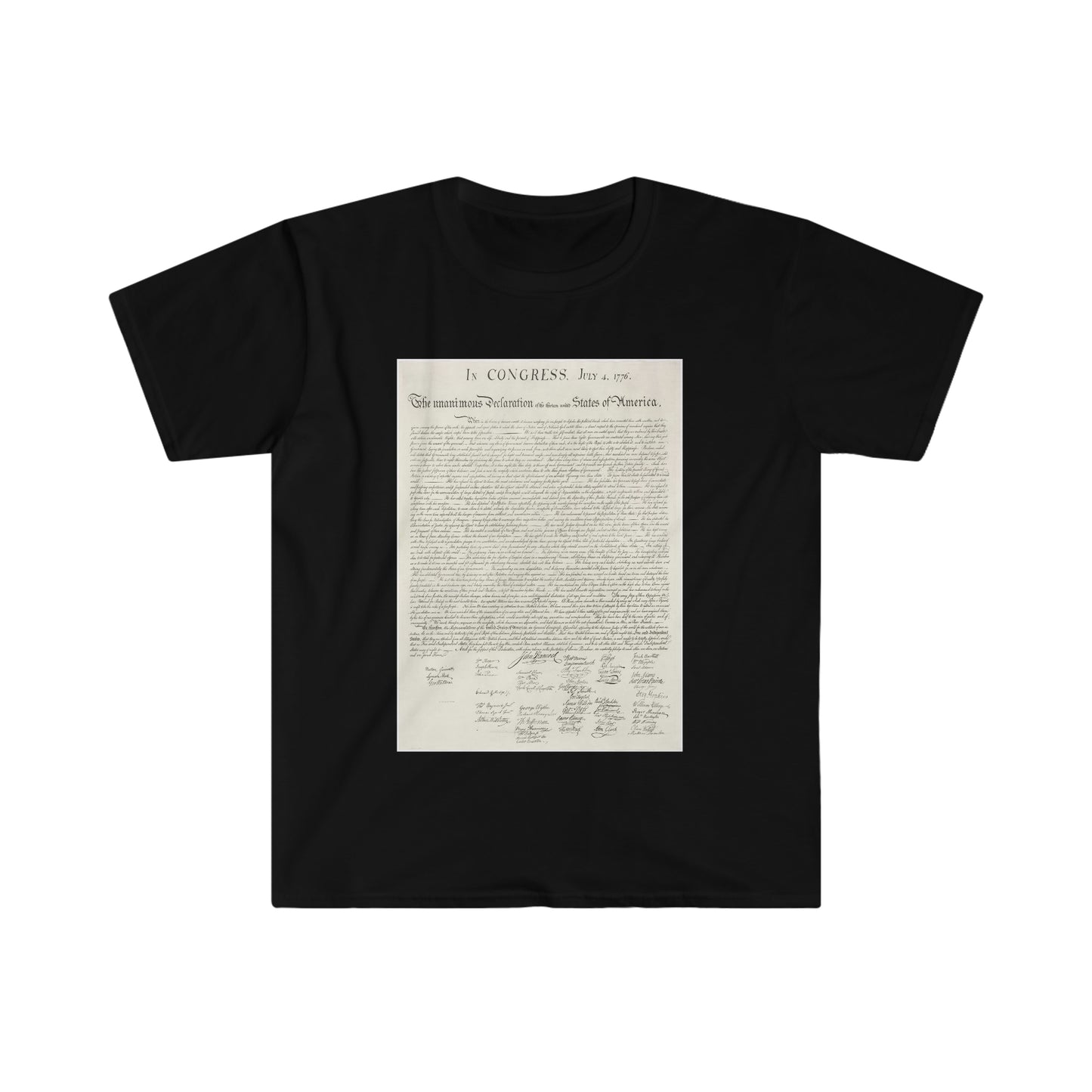 The Declaration Of Independence printed on an male adult Unisex Softstyle T-Shirt