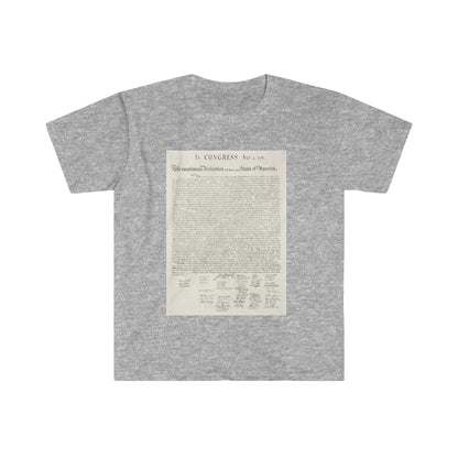 The Declaration Of Independence printed on an male adult Unisex Softstyle T-Shirt