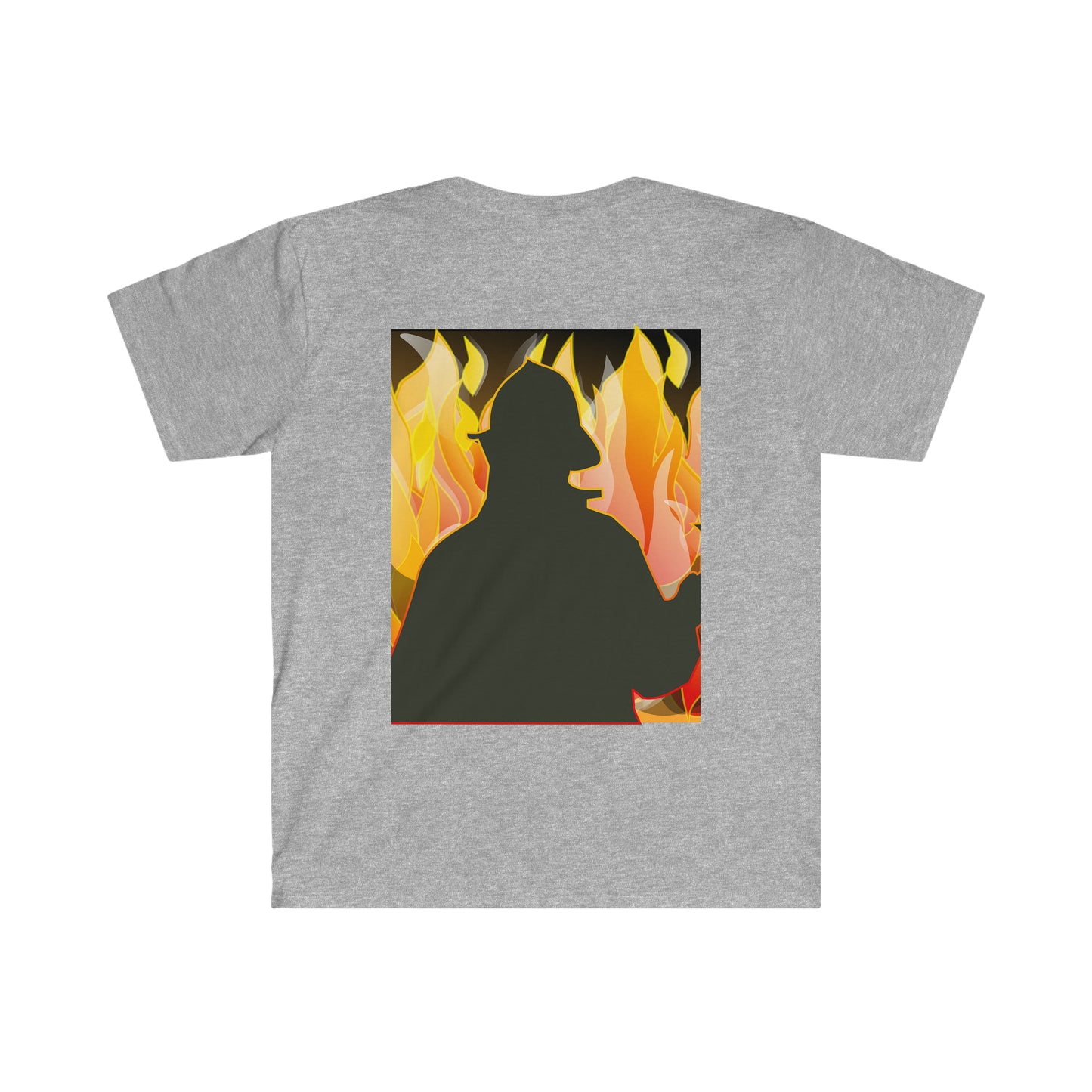 Silhouetted Fire Fighter w/ a fire background Male Adult Unisex Softstyle T-Shirt