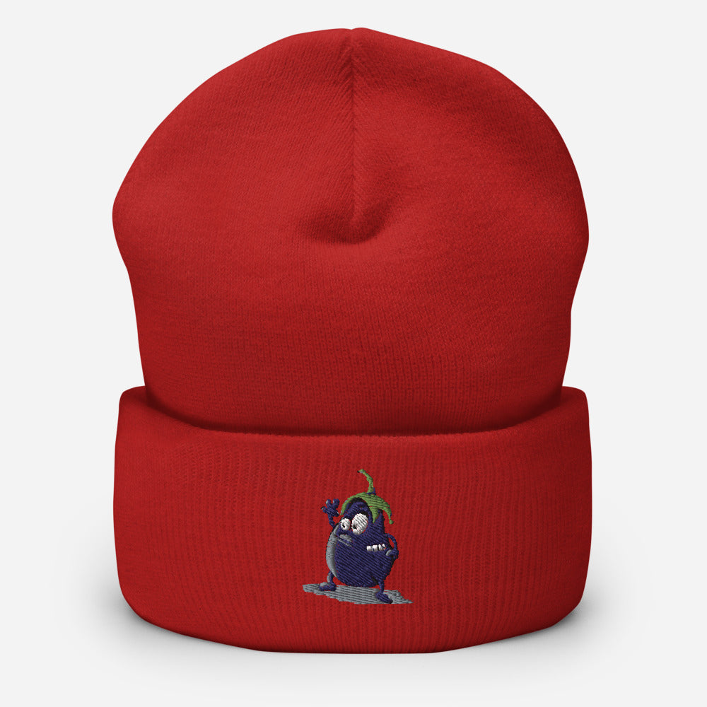 Gorro con vuelta y berenjena bordada ondeando